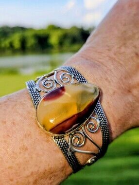 Mookaite Gemstone Cuff Bracelet In 925 Sterling Silver (Adjustable)